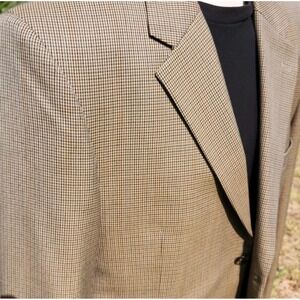 44 Beige Brown Mini Check Blazer 44R Academia Comfort Travel Sport Coat Men Club